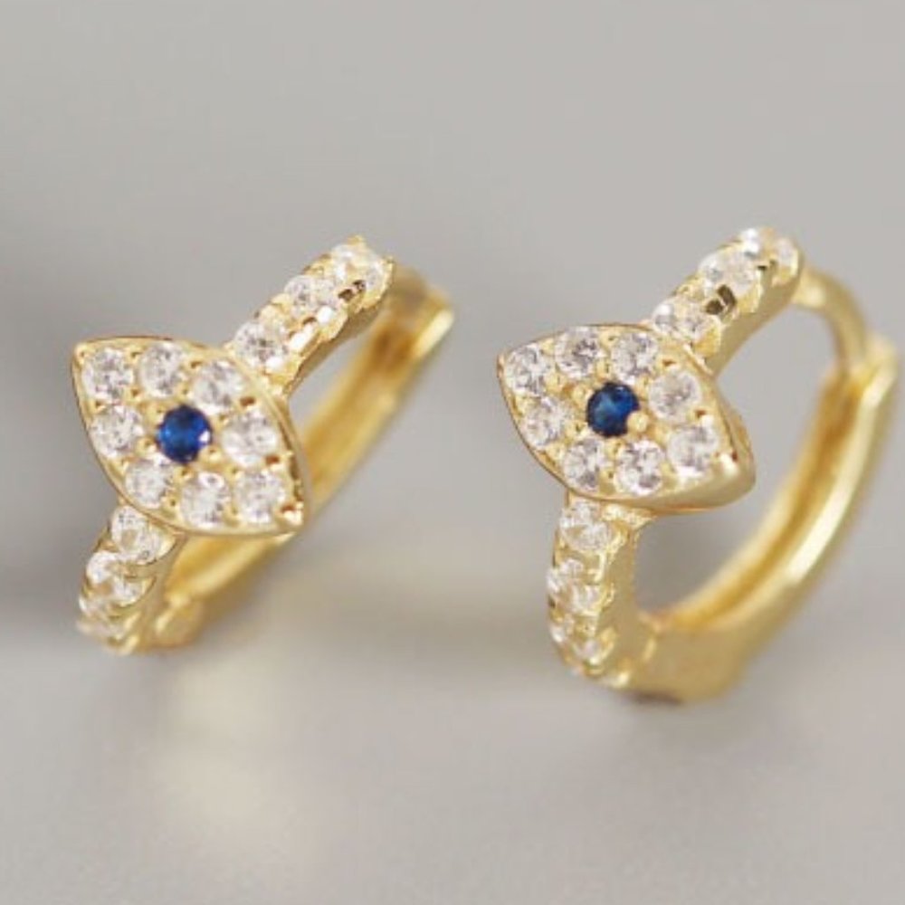 18K Yellow Gold Plated 925 Sterling Silver Eye Crystal Huggies Earrings